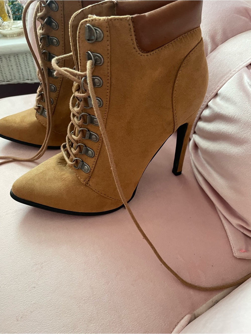 Women’s Lace-Up High Heel Ankle Boots — Tan Suede